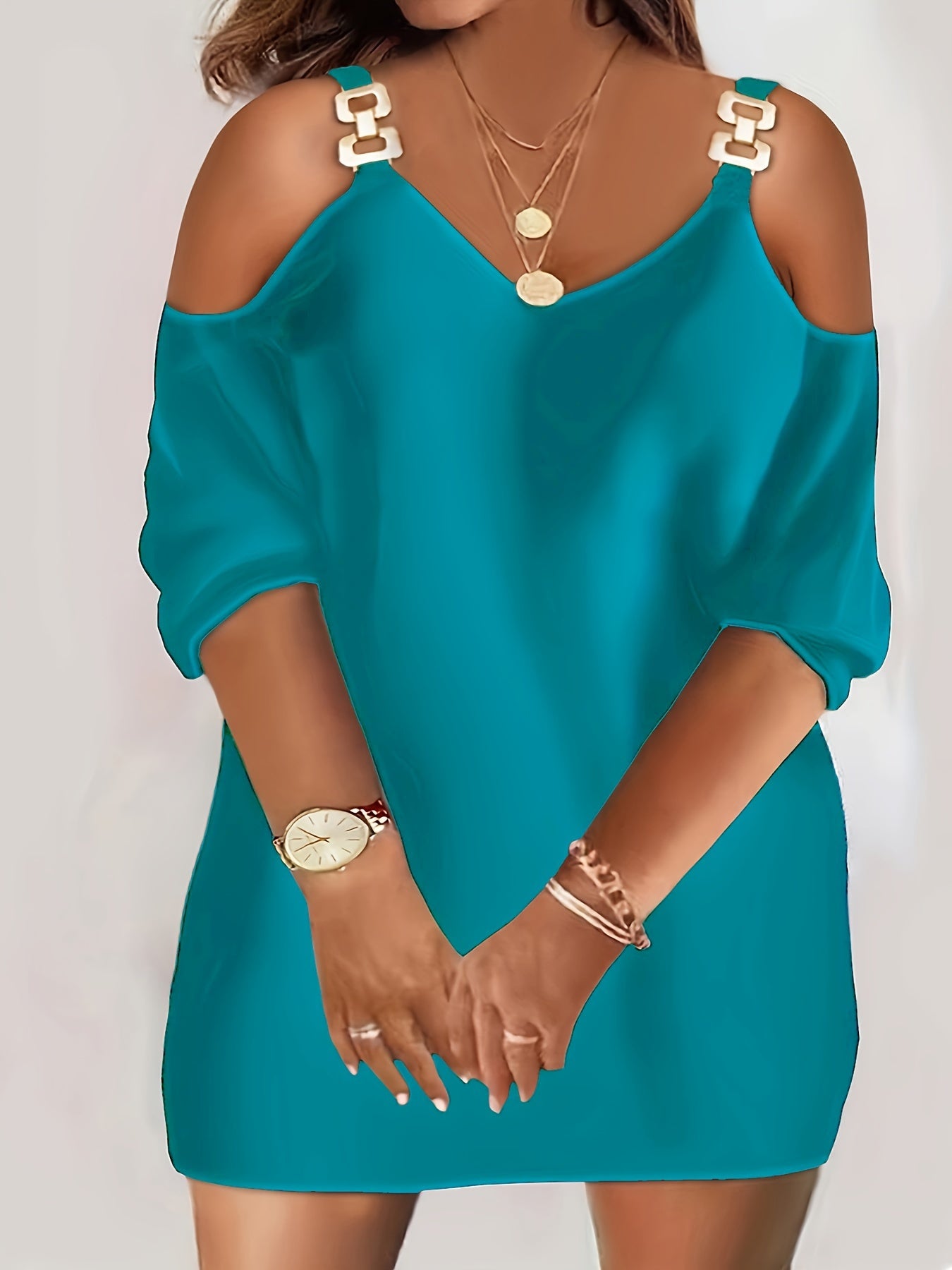 Plus Size Women's Casual Cold Shoulder Dress - V-Neck with Metal Chain Detail, Teal Blue, Sleeve, Relaxed Fit for Summer, Nontransparent Fabric